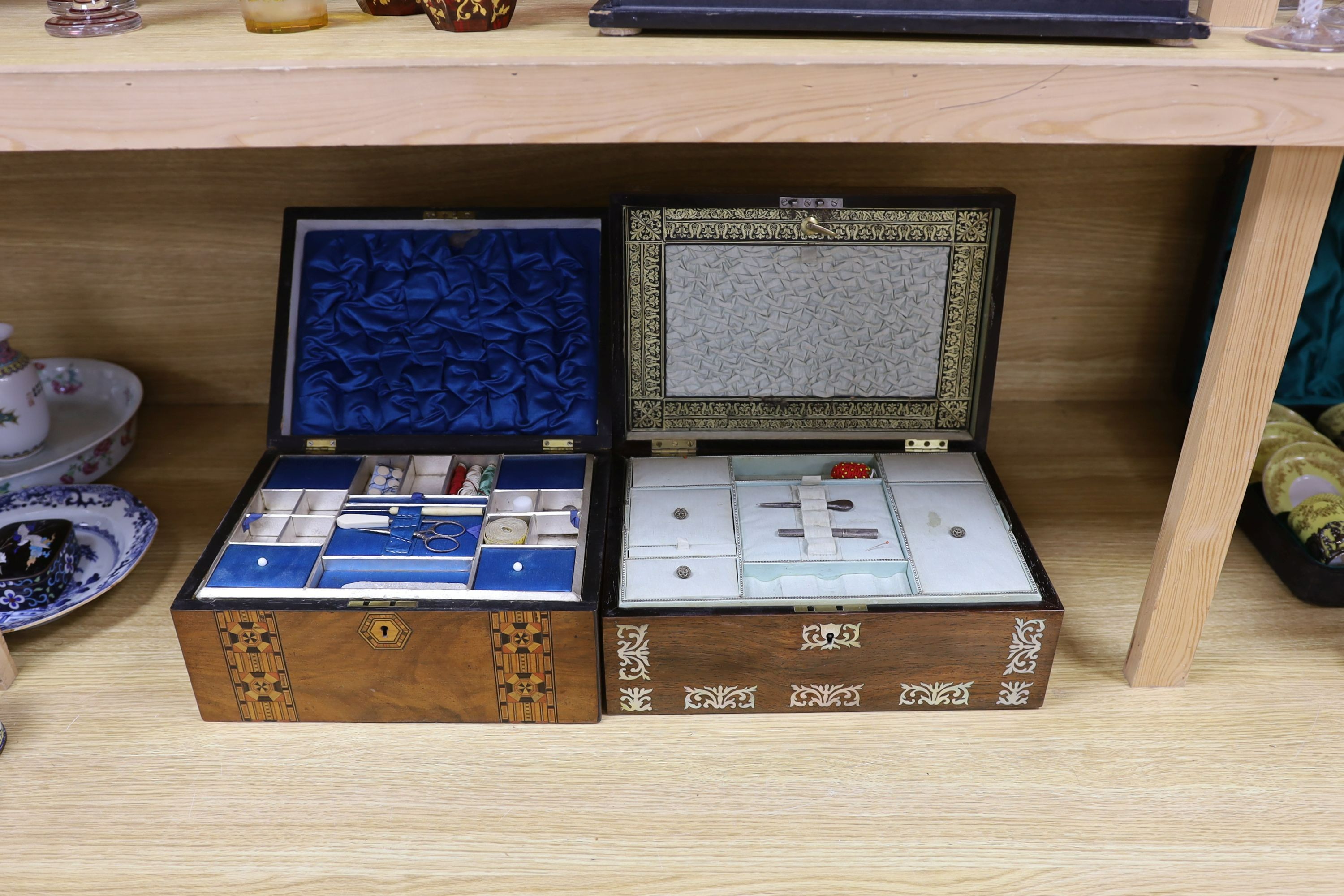 A Victorian rosewood and mother-of-pearl work-box, 33cm, and a Victorian walnut and parquetry work-box